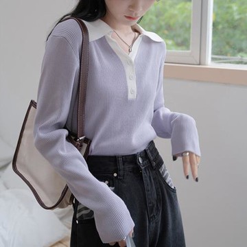 香芋紫色打底衫女春秋小個子長袖t恤polo領針織衫內搭拼接上衣