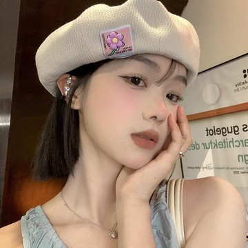 免運🔮日係可愛花朵蓓蕾畵家帽女大頭圍顯臉小貝雷帽百搭薄款八角帽子潮秋冬加厚保暖帽子 漁夫帽 毛茸茸包頭帽 針織帽