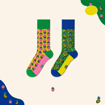 不對稱襪子女中筒襪長襪ab襪可愛錯配鳳梨