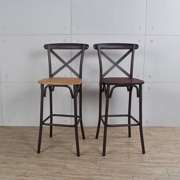 輕工業風 榆木實木 交叉短背 鐵腳吧椅
