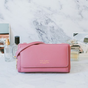 典雅真皮斜背長夾小包 22294 粉M