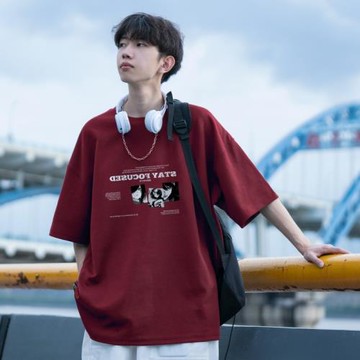 酒紅色重磅短袖t恤男潮牌潮流美式高街純棉痞帥大碼情侶半袖衣服