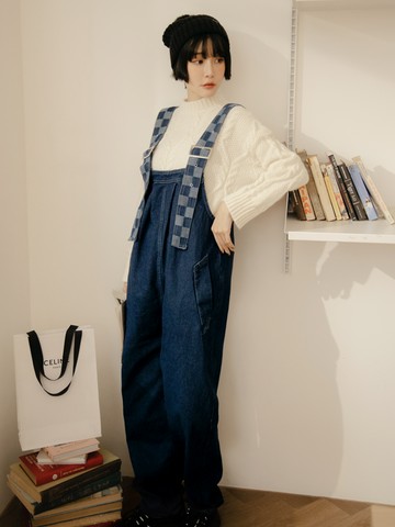 率性格紋拼接高含棉牛仔寬吊帶褲