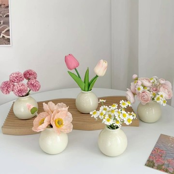 ins風奶油陶瓷小圓瓶干花假花套裝 玄關臥室客廳辦公室裝飾擺件