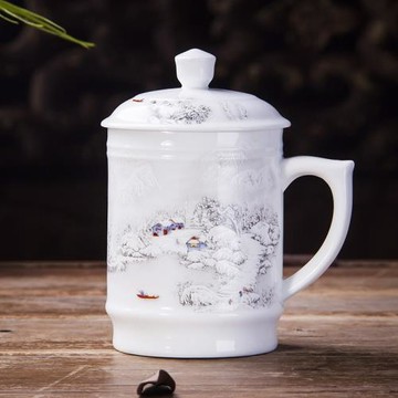 景德鎮高溫青花大號高白瓷茶杯陶瓷帶蓋有手柄辦公老板杯