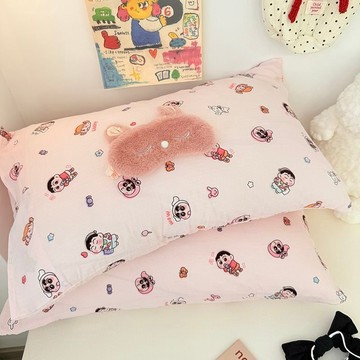 臺灣/🌸枕套 枕頭套 純棉枕套 冰絲ins可愛小新枕套一對柔軟雙層紗水洗棉枕頭套48x74宿舍單人枕套