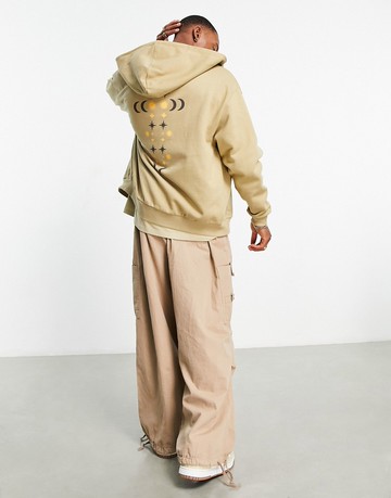 ASOS DESIGN oversized zip through hoodie in khaki with celestial spine back print-Green
