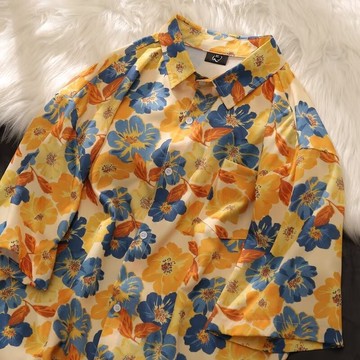 【老林】黃色花花短袖襯衫 夏天開衫短袖 M-8XL大尺碼襯衫勾勒 藝術感短袖男女不拘 男潮流夏威夷沙灘襯衣 五①⑦