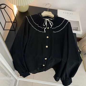 柜369元！黑色襯衫女法式宮廷風夏設計感休閑襯衣長袖雪紡衫上衣