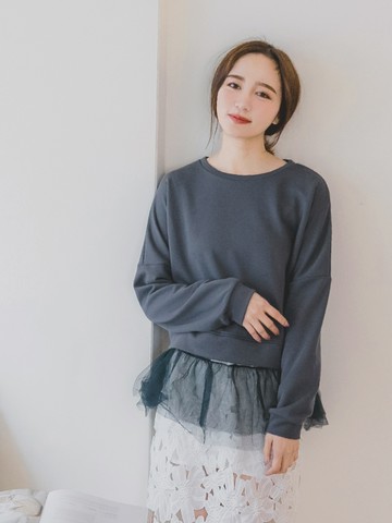 純色圓領拼接澎澎紗裙長袖上衣