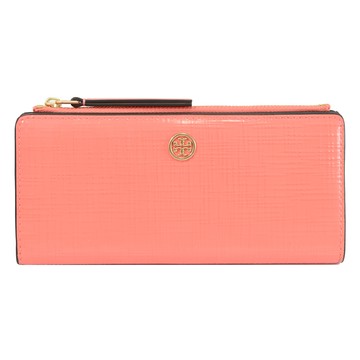 TORY BURCH 154915 金屬LOGO十字紋漆皮對開零錢長夾.粉橘