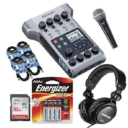 Zoom PodTrak P4 Portable Multitrack, SD Card 32GB, Energizer AA Batteries Pack, SV100 Mic, Tascam TH02, (4) XLR Cables Bundle