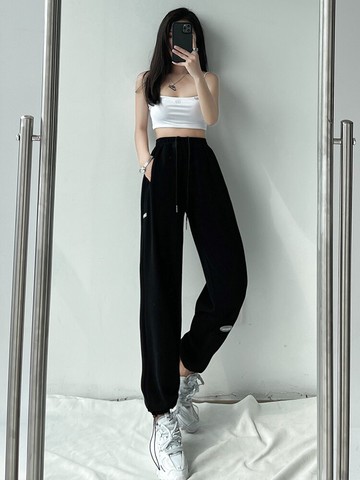 季高腰直筒運動褲女加絨加厚寬松休閑長褲Vibe風哈倫束腳褲子