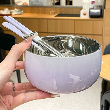 💯台灣出貨💯【漸變餐具套裝】304不銹鋼碗家用漸變色飯碗食品級雙層防燙勺筷