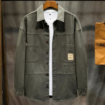 加肥加大春秋新款寬松休閑牛仔長袖襯衣純色男胖子棉工裝肥佬外套