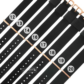 Watchband / 12.13.14.16.17.18.19.20 mm / DW 各品牌通用 鍍玫瑰金不鏽鋼扣頭 尼龍錶帶 黑色 ＃828-31-BK-R