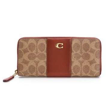 COACH 專櫃款老花帆布拼接皮革拉鍊長夾(LOGO焦糖)