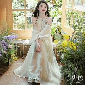 初色 圓領花邊系帶收腰素色長袖連身裙洋裝-共2色-10523(M-XL可選)