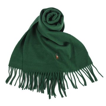 RALPH LAUREN POLO 彩色小馬刺繡LOGO素面羊毛圍巾-杉綠色