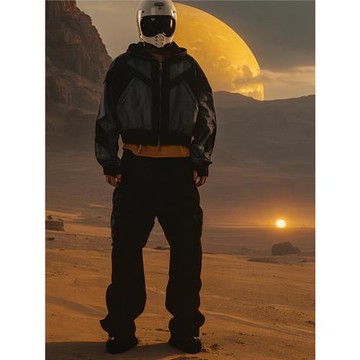 DRKLEI碎片拼接網面疊層廢土風做舊涂層拉鏈連帽BOXY短款開衫衛衣