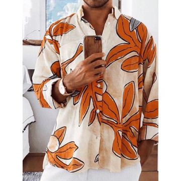 2023歐美秋季男裝寬松休閑大碼男士時尚印花長袖襯衫Men's Sh