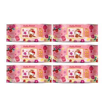 Sanrio Hello Kitty 加蓋加厚純水柔濕巾/濕紙巾 80 抽 X 6 包 -3D壓花馬年特別款 特選加厚珍珠網眼布