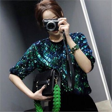 魚鱗亮片短袖大t恤女歐洲站2025春新款寬松格子重工閃閃bling上衣