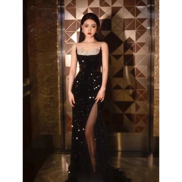 黑色晚禮服裙女高級感亮片氣質名媛學生日成人禮新娘晨拍晨袍演出