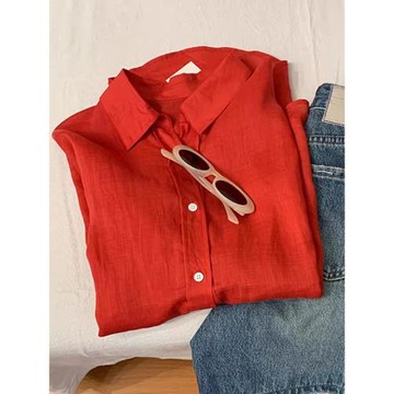 巨顯白紅色亞麻長袖寬松防曬襯衫女夏季氣質高級感松弛慵懶風上衣