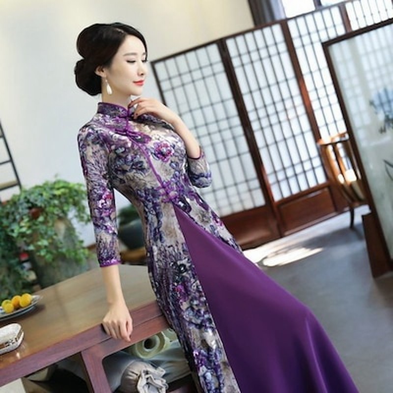 チャイナドレス ロング チャイナドレス風ワンピース 秋冬 七分袖 ベルベット アオザイ 花柄 スリッ 通販 Lineポイント最大1 0 Get Lineショッピング