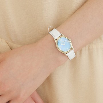 【Ven & Qu】金-海藍寶寶石腕錶 23×27mm 白色皮革錶帶