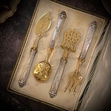 法國 19 世紀末 路易16風格 950 純銀柄 銅鍍金開胃菜四件組