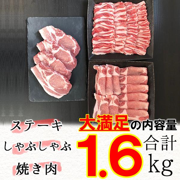 15%OFFクーポン対象 送料無料 合計1.6Kg 福島県産 豚肉 豚ロース 3点セット ステーキ しゃぶしゃぶ 焼肉 ふくしまプライド。体感キャンペーン（お肉）