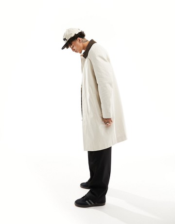 ASOS DESIGN trench coat with cord collar in stone-Neutral