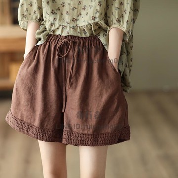 復古鏤空鉤花棉麻褲女文藝花邊短褲休閑褲顯瘦寬松直筒褲【步行者戶外生活館】