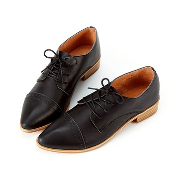 零碼全真皮橫飾沖孔尖頭德比鞋牛津鞋 黑色
