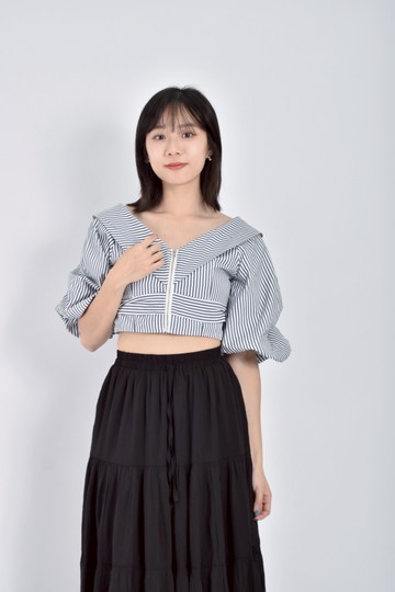 (S) caroline質感修身短版棉質純棉條紋拉鍊兩面穿藍色短袖上衣