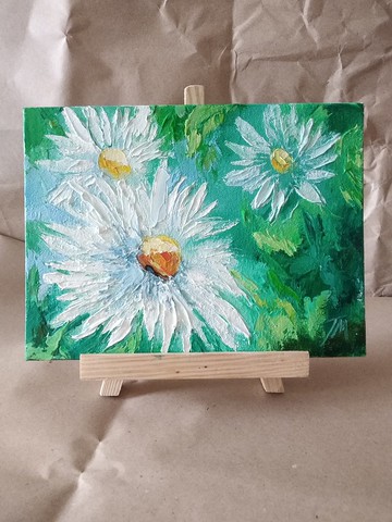 雛菊畫。花卉畫。抽象花。畫布之花。原創藝術