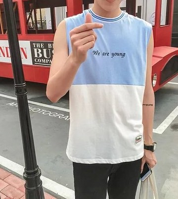 【JP.美日韓】韓國棉質 寬肩 背心無袖背心 海洋風 海灘 藍色 背心 清新款 背心男裝