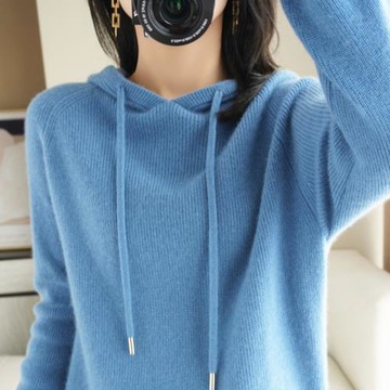 2023秋冬新款羊毛連帽針織衫女衛衣寬松帶帽打底衫加厚百搭毛衣