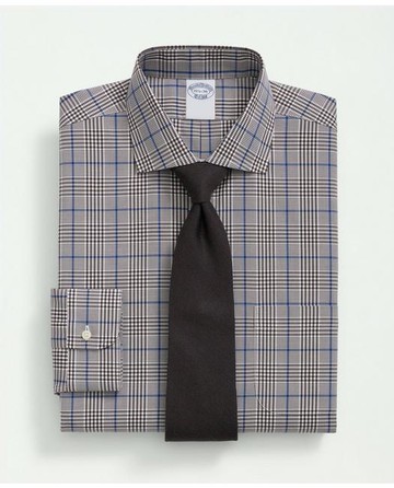 Brooks Brothers Men's Stretch Supima Cotton Non-Iron Pinpoint English Collar, Glen Plaid Dress Shirt | Brown | Size 16½ 35