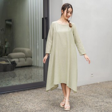 棉麻混紡口袋洋裝 - 綠白條紋