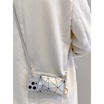 銀色菱格卡包適用iphone17pro手機殼13簡約蘋果16promax斜挎14背包式15pro掛繩手提12硅膠11軟殼xs/8女潮個性