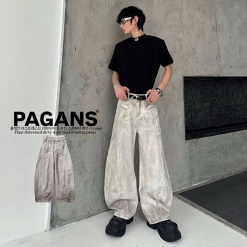 【PAGANS STORE】韓國 復古 廢土 素面 做舊 髒染 線條 解構 設計 裁剪 彎刀褲 彎刀 牛仔褲 牛仔 長褲