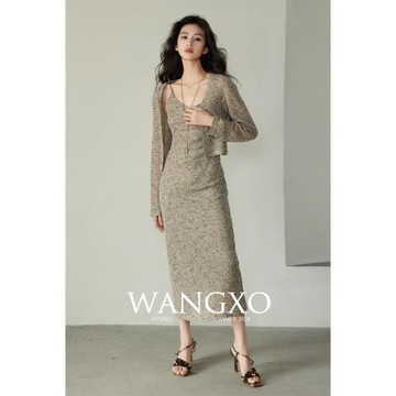 WANGXO|金銀線網格復合針織底布|氣質開衫外套&吊帶連衣裙兩件套