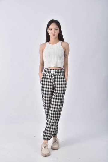 (S) palette韓牌高腰格紋黑色長褲