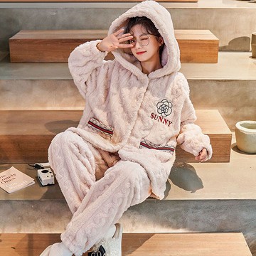 甜美少女連帽睡衣女冬季天法蘭絨加絨加厚寬松舒適網紅家居服套裝