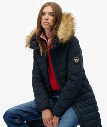 Superdry Women's Fuji Faux Fur Hooded Mid Length Coat Navy Size: 10