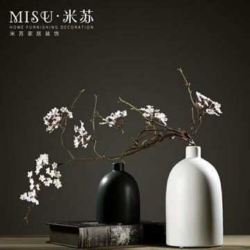 中式禪意家居飾品日式陶瓷花瓶裝飾擺件手工黑白色花瓶仿真花套裝