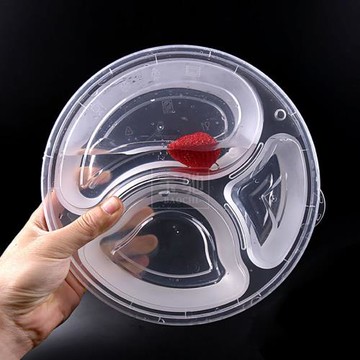 一次性三格快餐盒圓型分格打包盒整箱加厚塑料飯盒外賣快餐盤